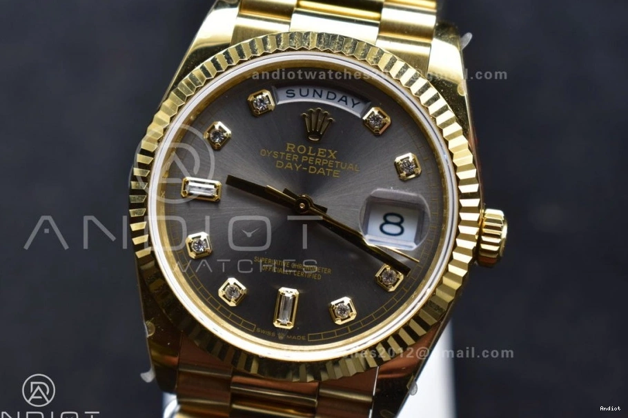 Square Dial 36 DayDate 904L vr3255 Steel V5 President Grey with QF Diamond Bracelet Best on Weight) Edition (Gain YG 0214